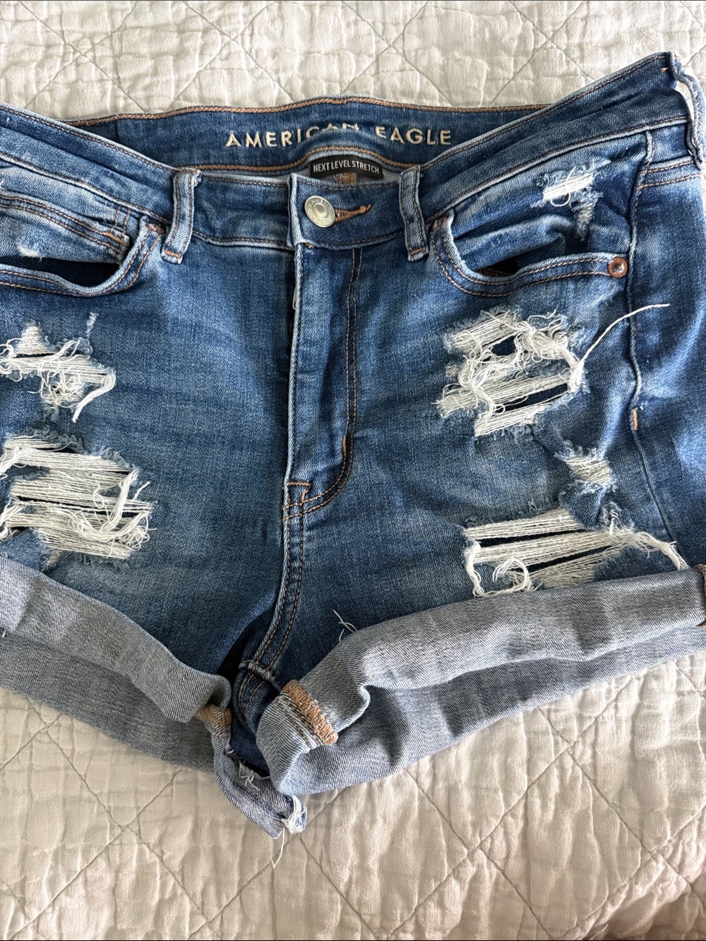 American Eagle Outfitters Medium Blue Distressed Rolled-Hem Jean Shorts